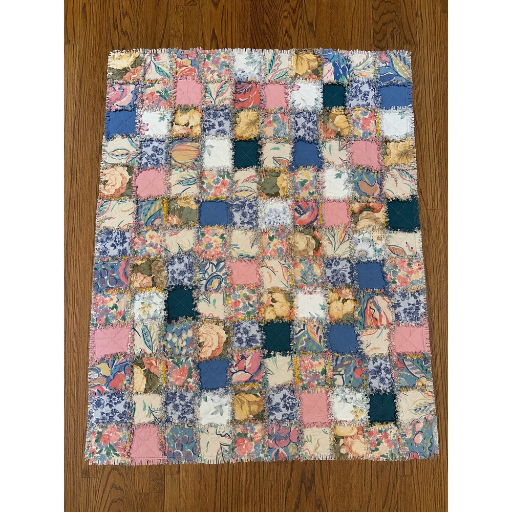 Handmade Rag Quilt Floral Patchwork Throw Blanket 45x56 Lap Quilt